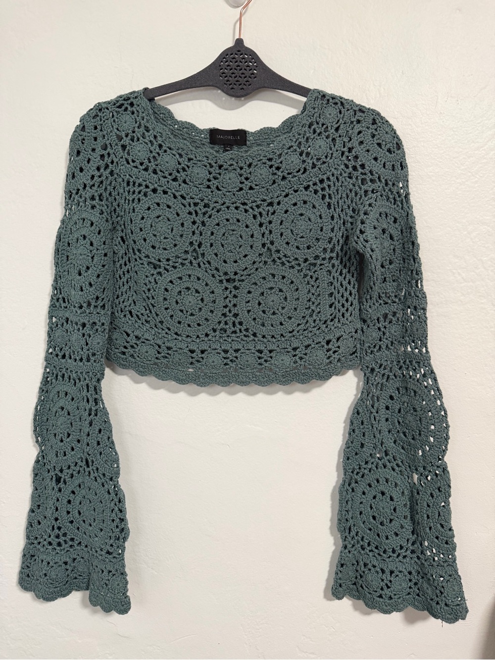 MAJORELLE Teal Crochet Long-Sleeve Crop Top